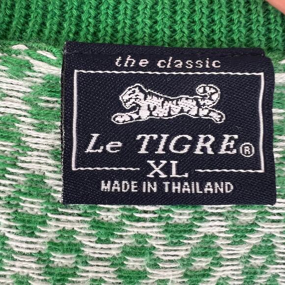 LE TIGRE Green White Diamond Print Cotton V-Neck Button Down Cardigan Sweater XL - Picture 9 of 11